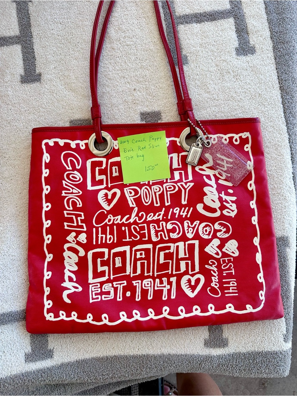 Coach Red Tote with White Signature Print